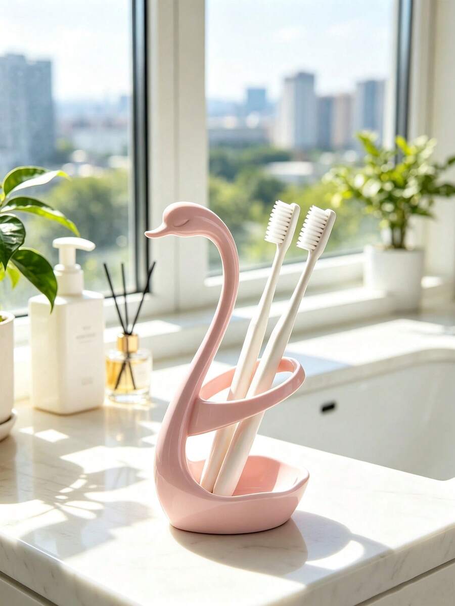 1pc Creative Swan Toothbrush Holder Makeup Brush Holder Bathroom Sink Storage Rack Vanity Multi-Functional Makeup Brush Organizer Bathroom Storage Rack Vanity Desktop Decor Women Gift Space-Saving Storage Suitable For Bathroom Bedroom - Multicolor - View 1