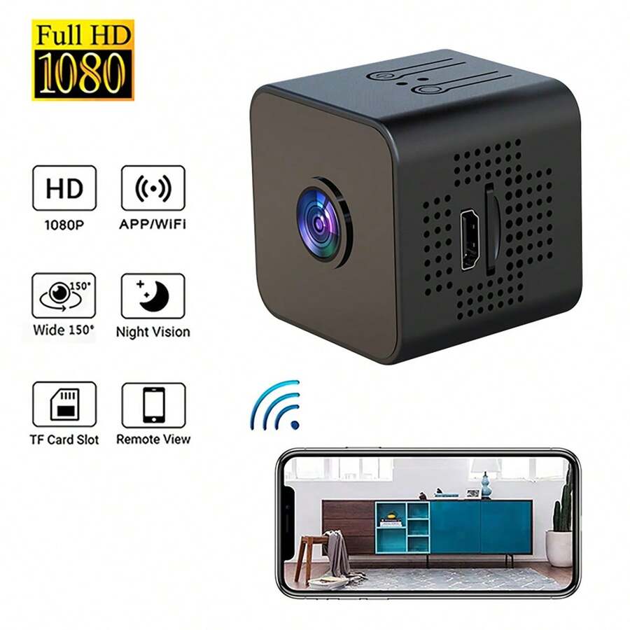 1 buah Kamera WiFi Mini 1080P HD Kamera Keamanan Rumah, Penglihatan Malam Inframerah Sudut Lebar 150°, Peringatan Deteksi Gerakan, Tampilan Jarak Jauh Melalui Aplikasi Ponsel, Dilengkapi Kartu SD 32GB untuk Perekaman Berulang Kamera Pengawasan untuk Dalam Ruangan, Kantor, dan Monitor Hewan Peliharaan, Baterai 450mAh