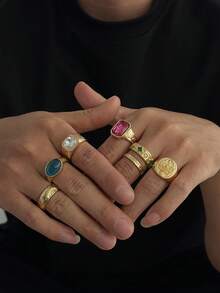 7pcs Vintage Distressed Gold Color Gemstone Ring Set, Embossed Floral Pattern Gemstone Rings, Hip-Hop Personalized Accessories - Gold - View 4