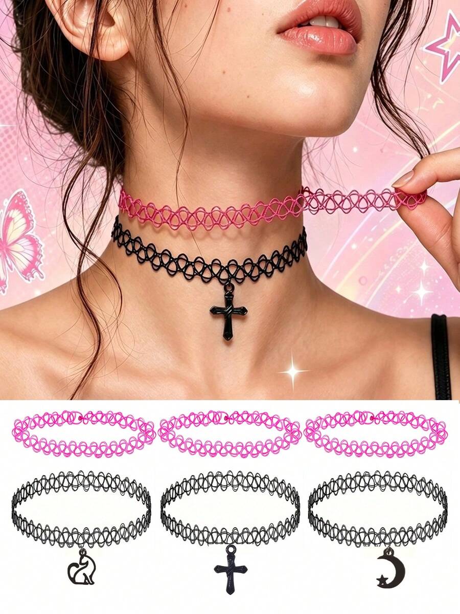 2pcs/Set Tattoo Choker Necklace, Y2K Elastic Jewelry, Flexible Elastic Plastic Material, Stretchable Up To 18 Inches, Skin-Friendly, Halloween Gift - 2pcs - View 1