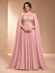 VIPGIRL Plus Size Off-Shoulder Cape Sleeve Heavy Beaded Evening Gown, Chiffon Draped Long A-Line Dress, Wedding Guest Formal Party Dress - Pink - View 5