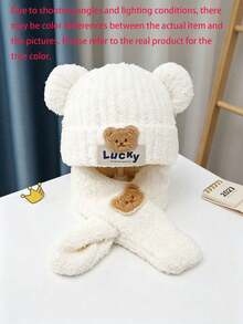 1 Set 3D Bear Ears Lucky Label Decor High Elastic Thickened Coral Fleece Warm Windproof Ear & Neck Protection Cute Cartoon Children's Hat & Scarf Set, Winter Daily Wear, Holiday Gift - Multicolor - View 11