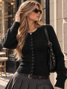 Women Fall Winter Black Ribbed Knit Cardigan, Crew Neck Button Front Long Sleeve Sweater, Cozy Casual Layering Top, Vacation Back To School Outfit - Black - View 5