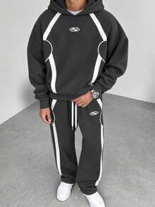 FRACTYR Set Pakaian Olahraga Pria 2 Potong dengan Hoodie Longgar, Motif Garis Blok Warna Melengkung Putih, Pakaian Jalanan - Grey - View 3