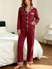Women's Striped Pajama Set, Long Sleeve Notched Collar Top & Long Straight Pants 2 Pieces Lounge Set, Sleepwear For Spring Autumn Winter Home Outfit - Burgundy - View 4