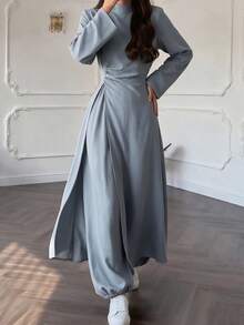 Women's Stand Collar Long Robe With Side Slit, Long Sleeve Blouse And Lantern Pants 2 Pieces Set, Vintage Fall Fashion - Grey - View 2