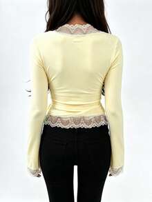 Autumn/Winter New Women's Fashion Elegant Versatile Solid Color Lace Patchwork V-Neck Long Sleeve Casual Top - Light Yellow - View 10
