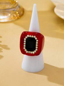 1pc Exaggerated Vintage Elegant Rhinestone Inlaid Acrylic Ring For Women, Suitable For Party, Banquet And Daily Wear - Red - View 6