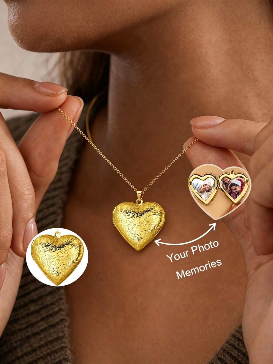 Custom Photo Heart-Shaped Stainless Steel Necklace Personalized Vintage Oval Heart Locket Can Hold 2 Photos Memorial Pendant Gift For Her Suitable For Mother's Day, Valentine's Day, Christmas, Birthday, Anniversary, Wedding, Thanksgiving, Best Friend Gift, Daily Wear Delicate Thin Chain Necklace, Women's Fashion Memorial Jewelry