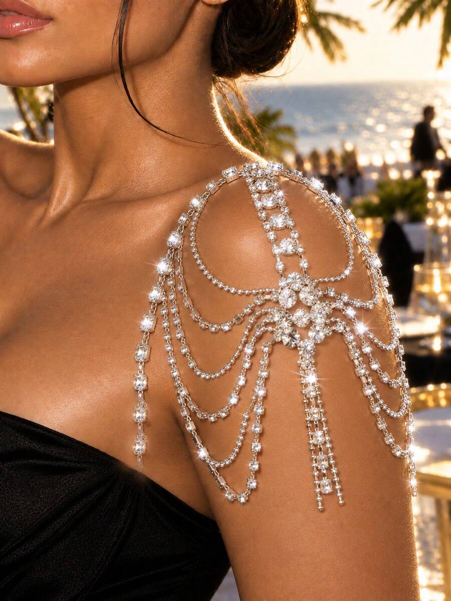 Xích đeo vai đa lớp đính đá rhinestone cho nữ, trang sức cơ thể gợi cảm lấp lánh cho đám cưới, phụ kiện charm cô dâu thanh lịch - Bạc - Xem 1