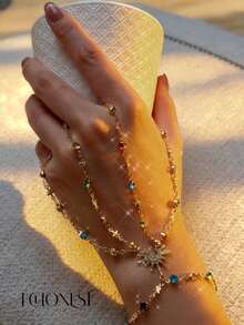 EchoNest 1pc Gold-Tone Stainless Steel Colorful Gemstone Finger Chain Bracelet, Double Layer Finger Chain Decorative Accessory For Vacation And Party - Yellow Gold - View 5
