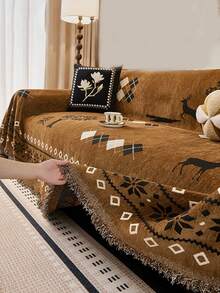 1pc Bohemian Rhombus Geometric Pattern Chenille Sofa Throw, All-Season Tassel Sofa Cover, Machine Washable Furniture Protector, Living Room Bedroom Sofa Decor, Home Decor - Khaki - View 8