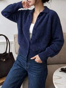 minisummer Cardigan Rajut Lengan Panjang Berkerah Bulu Halus Elegan untuk Wanita di Musim Gugur, Pakaian Musim Gugur untuk Wanita, Jaket Sweater Lembut dan Mewah untuk Kantor Sehari-hari - Navy Blue - View 7