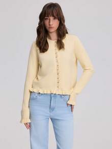 Women's Casual Layered Crew Neck Long Sleeve Knit Cardigan - Yellow - View 3