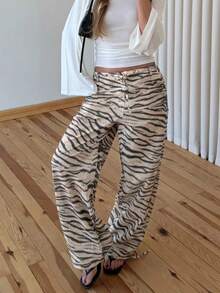 2026 New Zebra Print Woven Fabric Drawstring Waist Women's Long Pants - Light Khaki - View 5