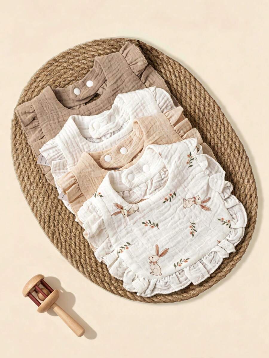 4pcs Baby Drool Bibs, Ruffle Edge Newborn Bib Set, Crinkle Fabric Absorbent Soft, Suitable For Boys And Girls Infants All Seasons, Solid Color & Printed, Perfect For Home, Outings And Baby Gifts - Multicolor - View 1