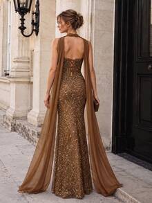 VIPGIRL New Mustard Yellow Strapless Sequin Patchwork Sleeveless Fitted Luxury Cocktail Evening Gown Formal Party Dress For Women - Mustard Yellow - View 2