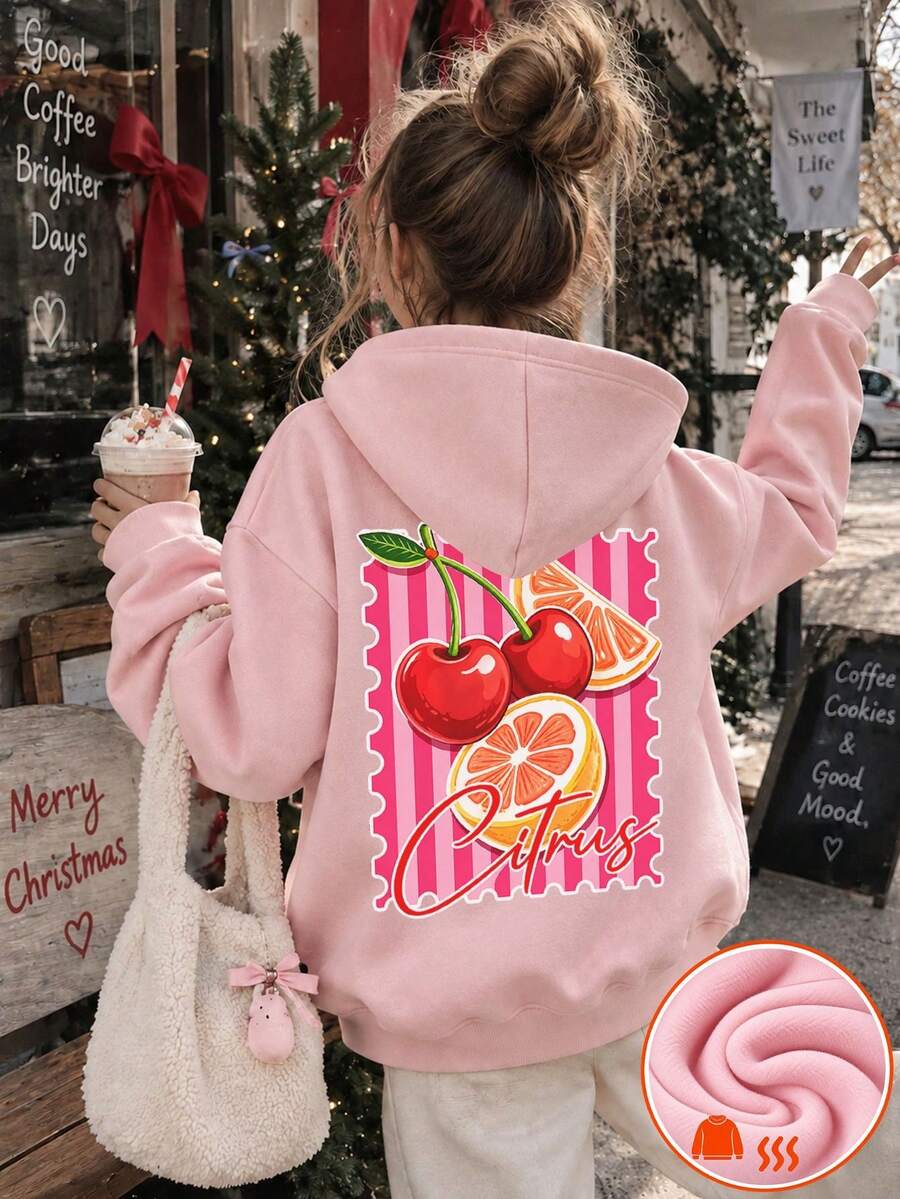 1 st varm, förtjockad sweatshirt med termofoder för tweenflickor, barnkläder för studenter, långärmad topp för barn, lämplig för höst/vinter - Rosa - Visa 1