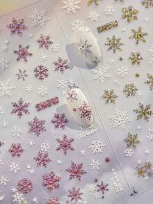 1 Sheet 3D Snowflake Metal Nail Stickers Gold & White Winter Snow Pattern Self-Adhesive Nail Art Decals, Christmas Winter DIY Manicure Decorations - Gold - View 3