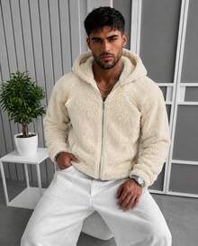 Men Cream Hooded Fleece Jacket, Solid Zip Up Thick Warm Sherpa Long Sleeve Outerwear - Apricot - View 1