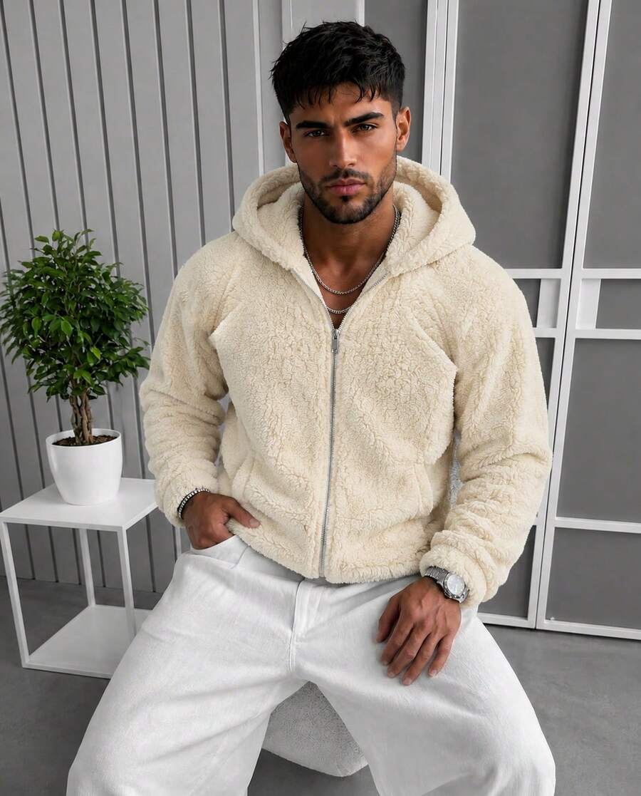 Men Cream Hooded Fleece Jacket, Solid Zip Up Thick Warm Sherpa Long Sleeve Outerwear - Apricot - View 1