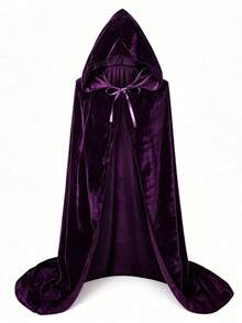 1pc Deep Purple Velvet Hooded Cloak, Full Length Witch Wizard Cape With Ribbon Tie, Halloween Costume Party Outfit - Purple - View 2