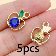 Random 5/10Pcs Mixed Color Hollow Apple Rhinestone Charms, Golden Enamel Leaf Fruit Pendant For DIY Earrings Bracelet Jewelry Making - Multicolor - View 16