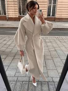 Women's Beige Long Coat, Winter Warm Double-Breasted Long Jacket, Loose High-End Knee-Length Overcoat, Suitable For Commuting, Dating, Versatile - Apricot - View 3