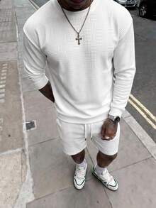 Men's Waffle Knit Long Sleeve Crew Neck Sweatshirt And Casual Shorts 2 Pieces Set, Spring/Autumn - White - View 7
