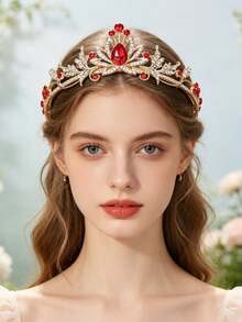 1件時尚精緻合金皇冠髮飾，適合女性婚禮派對 - 紅色 - 查看 3