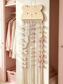 1pc Bear Wooden Hair Accessory Storage Hanging Strap, Children's Hair Clip Storage Wall Mount, Girls Room Bow Hair Tie Storage Strap - Khaki - View 4