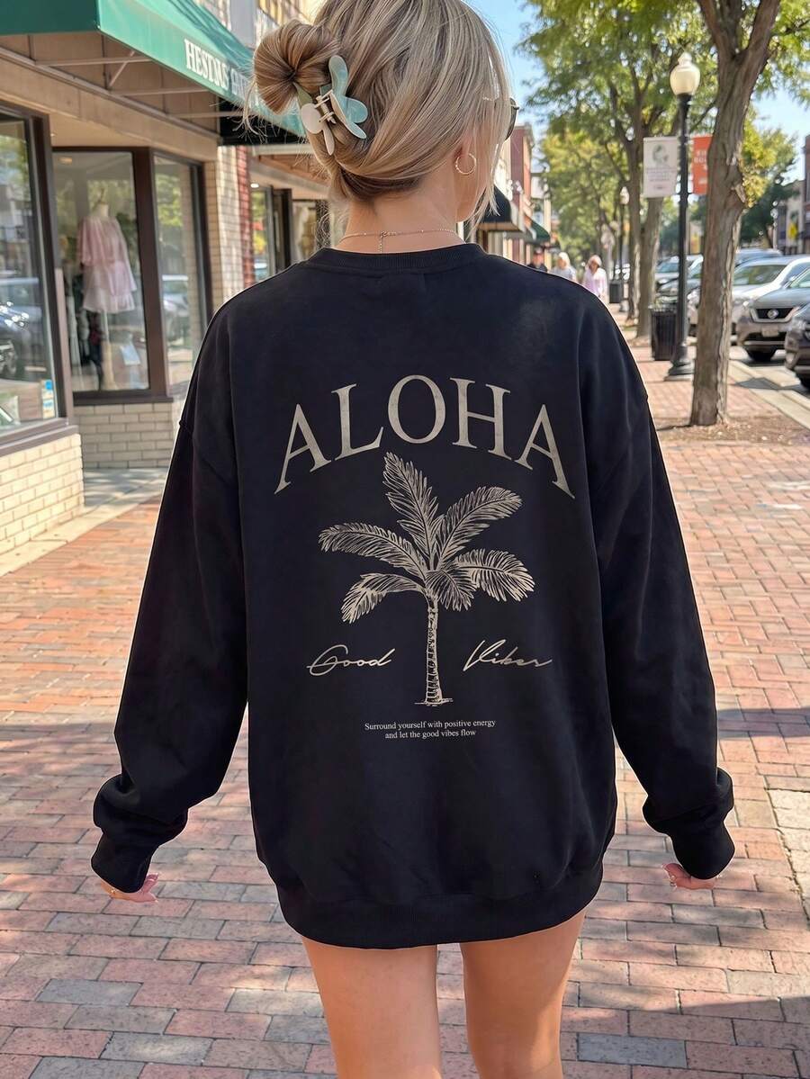 Women's Autumn/Winter Aloha Palm Tree Print Long Sleeve Pullover Sweatshirt, Round Neck Regular Fit Casual Fashion Sweatshirt Suitable For Daily Commute And Outings - Black - View 1