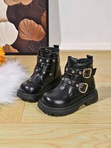 Girls' Autumn/Winter Rivet Buckle Ankle Boots With Side Zipper, Thick Sole, Anti-Slip, Casual Boots For Toddlers - Black - View 2