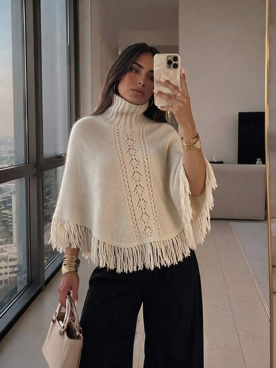MORI Autumn/Winter Beige Hollow Knit High Neck Tassel Shawl Sweater Cape Coat Women's Coffee Date Outfit Top - Apricot - View 1