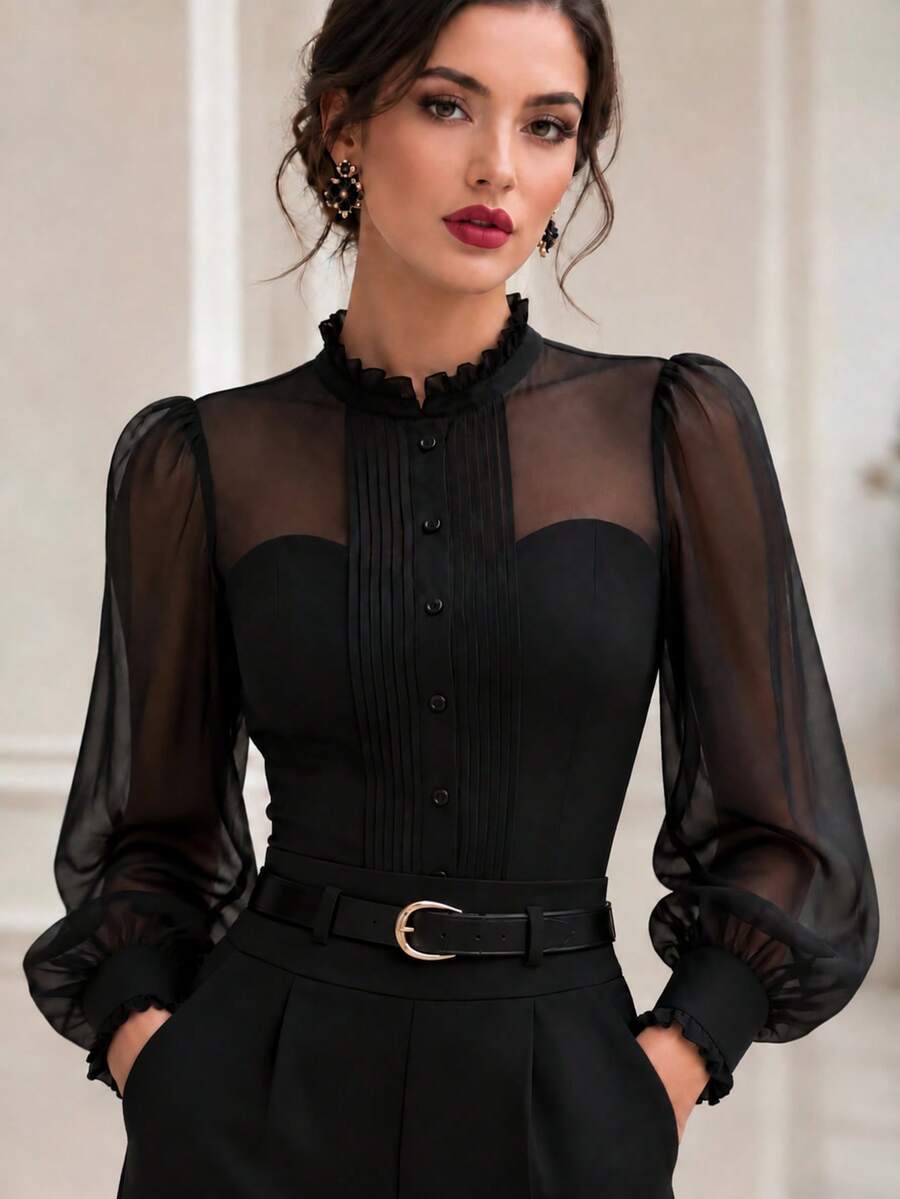 Women's Solid Color Lace Patchwork Front Button Pleated Hem Commuter Versatile Blouse - Black - View 1