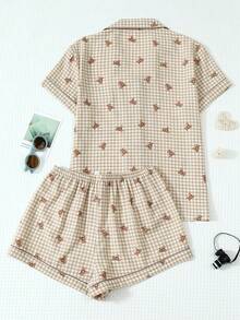 2pcs/Set Women's Plus Size Comfortable Plaid Teddy Bear Print Spring/Summer Short Sleeve Collared Top And Bowknot Shorts Pajama Set - Brown - View 2