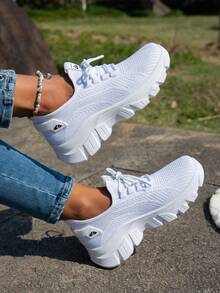 New Versatile Mesh Color-Block Casual Shoes For Women, Breathable And Non-Stuffy, First Choice For Running And Fitness, Comfortable And Lightweight With Lace-Up Design, Suitable For All Seasons - White - View 14