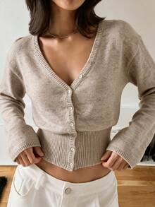 Women's Fall Winter Clothes Knit Cardigan Wide Sleeve V Neck Shell Button Top Cozy Casual Fall Layering Everyday Wear Work Coffee Run Brunch Weekend - Grey - View 3