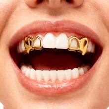 Hip Hop Double Single-Sided Hollow Gold Tooth Caps, Left And Right Canine Teeth Halloween Costume Accessory - Multicolor - View 3
