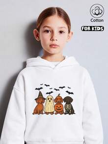 Girls White Hooded Sweatshirt, Printed With Halloween Pattern: Witch Hat Puppy - White - View 7