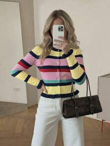 Autumn Y2K Women's Multi-Color Striped Front Button Cardigan, Preppy Casual Street Style Daily Outerwear, Minimalist Fashion Autumn Outfit - Multicolor - View 2