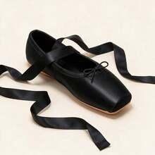 Sepatu Balet Pointe Wanita Modis dengan Pita Melingkar, Sepatu Dansa Satin Hitam, Pelindung Jari Kaki, Pertunjukan Dansa Ballroom Profesional, Nyaman dan Ringan - Hitam - View 2
