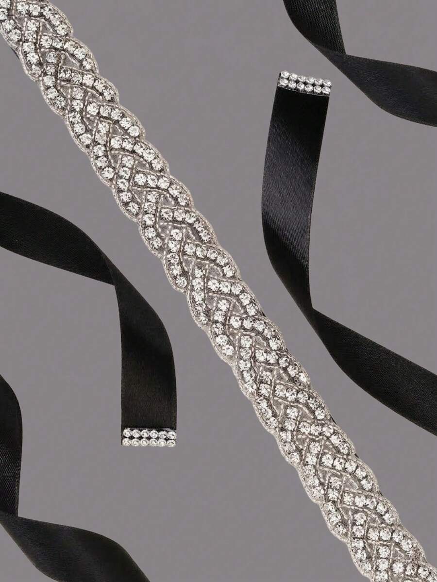 Elegant Sparkling Rhinestone Woven Belt, Black Satin Ribbon Bridal Wedding Dress Waistband, Versatile Accessory For Evening Party Dress