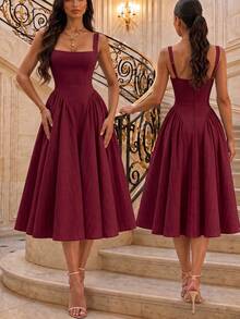 Dirp Noir Women's Autumn Elegant Plaid Square Neck Wide Strap Ruched Midi Dress, National Day, Graduation, Back To School, Party - Burgundy - View 11