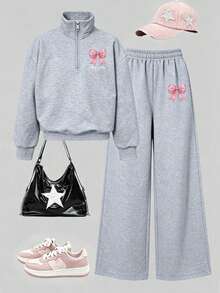 2pcs/Set Girls Pink Bow Print Half-Zip Hooded Sweatshirt & Pants Set, Autumn/Winter Fashion Comfortable Outfit - Grey - View 1