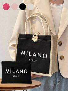 亞麻托特包套組，包含印有「MILANO ITALY」字樣的托特包與化妝包，適合婚禮、生日、海灘、假期，是送給女性、母親、老師、朋友、伴娘的完美禮物，適用於旅行、聖誕節、萬聖節與返校季 - 彩色 - 查看 3