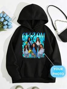Custom Photo Hoodie, Plus Size Personalized Retro Rap Graphic Hooded Sweatshirt, DIY Custom Birthday Gift Pullover - Black - View 3