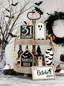 Halloween Wooden Tray Decor | 6pcs 3D Halloween Fun Decoration Set | Bat, Coffin, House, Ghost, "October 31" Label, Autumn, Christmas - Halloween Home Decor - Black and White - View 1