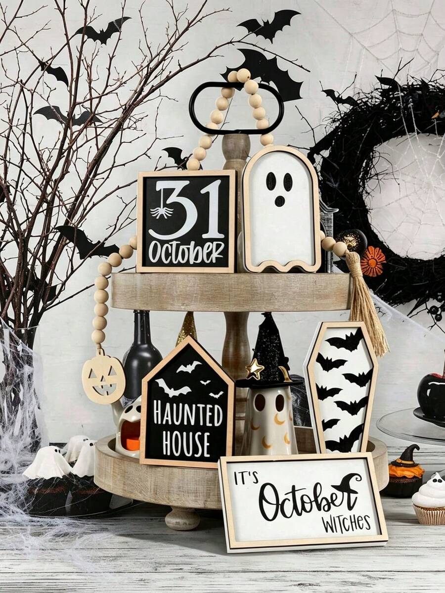 Halloween Wooden Tray Decor | 6pcs 3D Halloween Fun Decoration Set | Bat, Coffin, House, Ghost, "October 31" Label, Autumn, Christmas - Halloween Home Decor - Black and White - View 1
