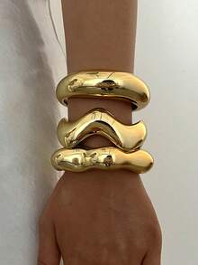 3pcs/Multi-Piece Stackable Fashion Minimalist Elegant Exquisite Vintage Design Geometric Ribbon Wave Exaggerated Wide Band Minimalist Plain Metal Style CCB Bracelet Set, Holiday Vacation Party Date Gift, Daily Commute Wear, Personalized - Yellow Gold - View 4